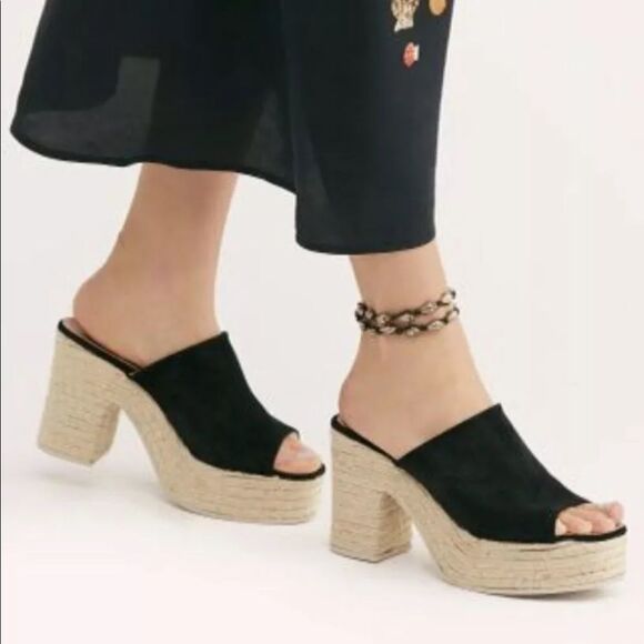 Free People Platform Sandal Black Suede Mule Heel - Picture 3 of 8